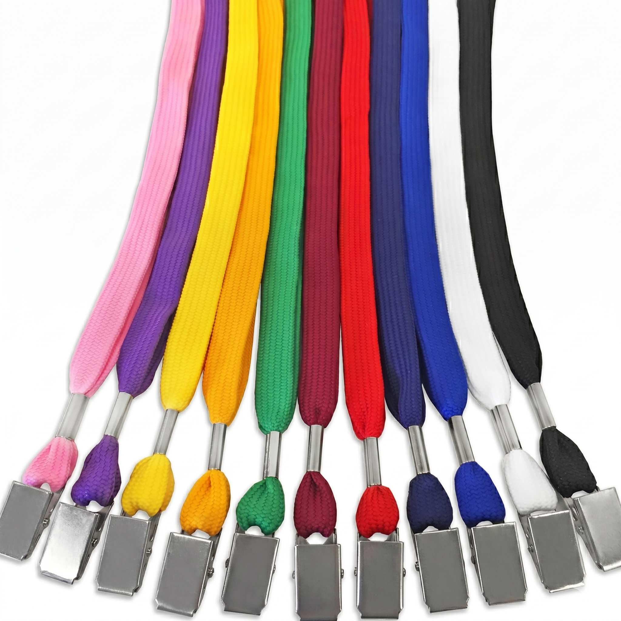 Flat woven lanyards with gator clips in 12 colors