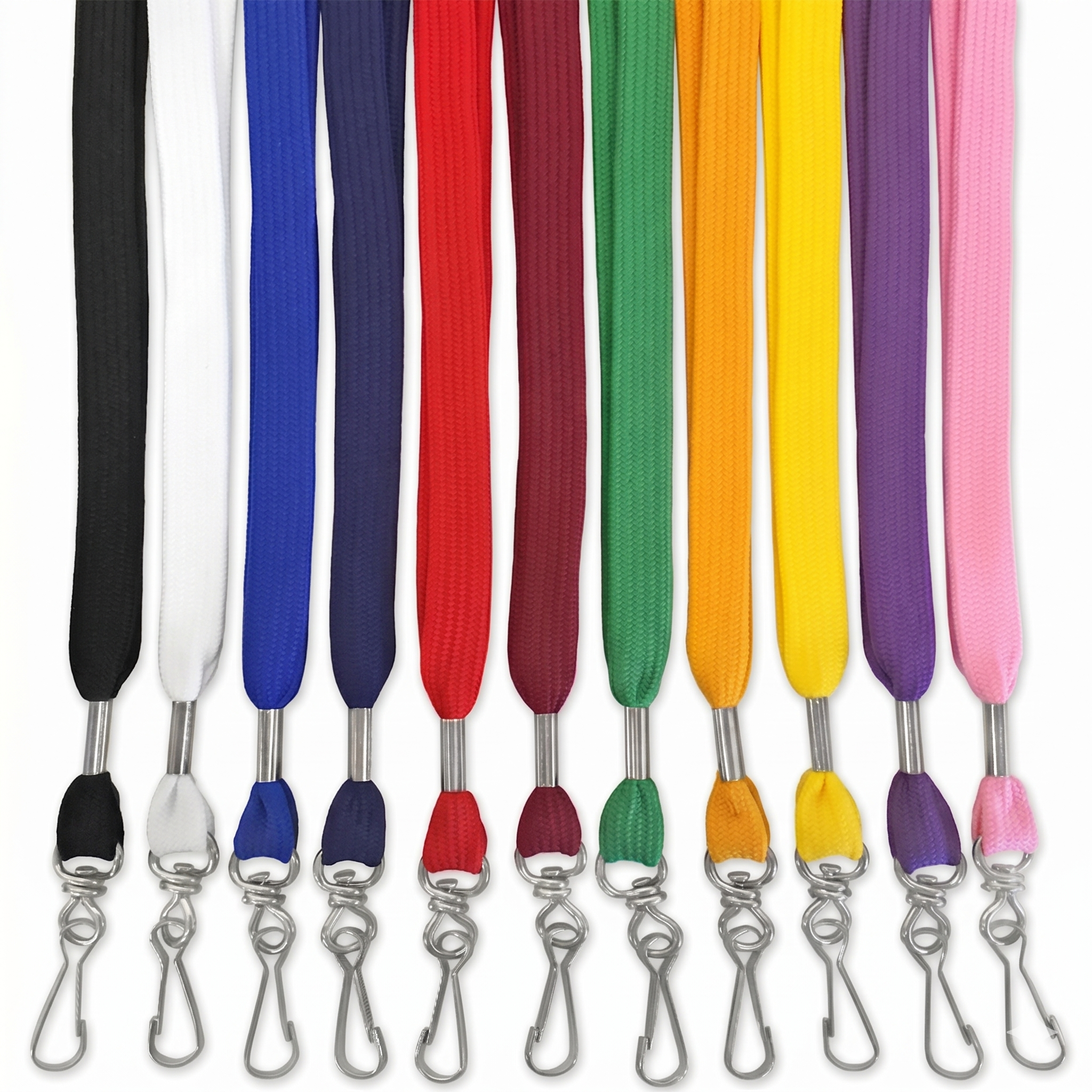Flat woven lanyards with swivel hooks in 11 colors