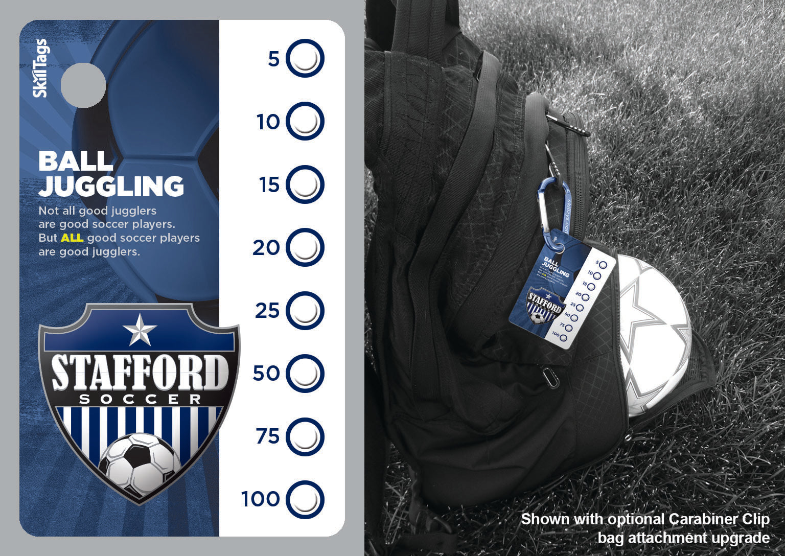 Custom Juggling Skill Tags&reg; displayed on a youth soccer backpack