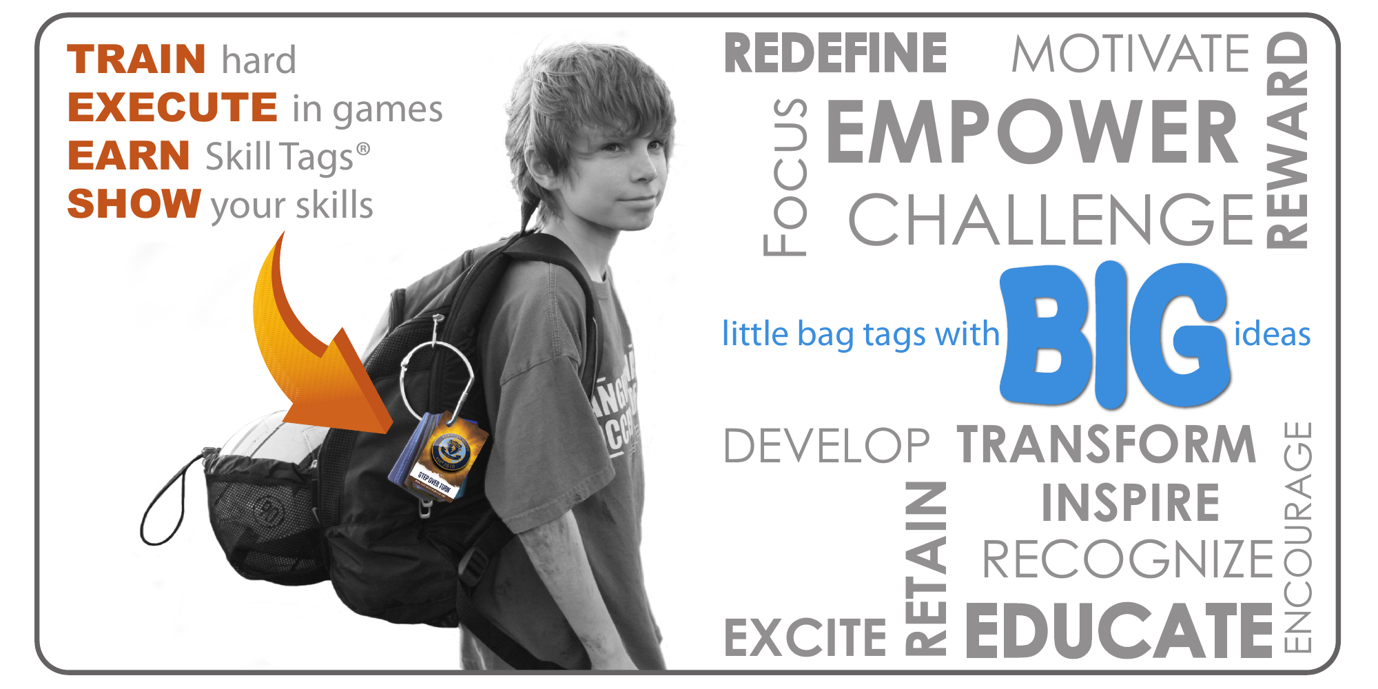 Skillzys® Skill Tags® — little bag tags with BIG ideas. TRAIN hard · EXECUTE in games · EARN Skill Tags® · SHOW your skills.