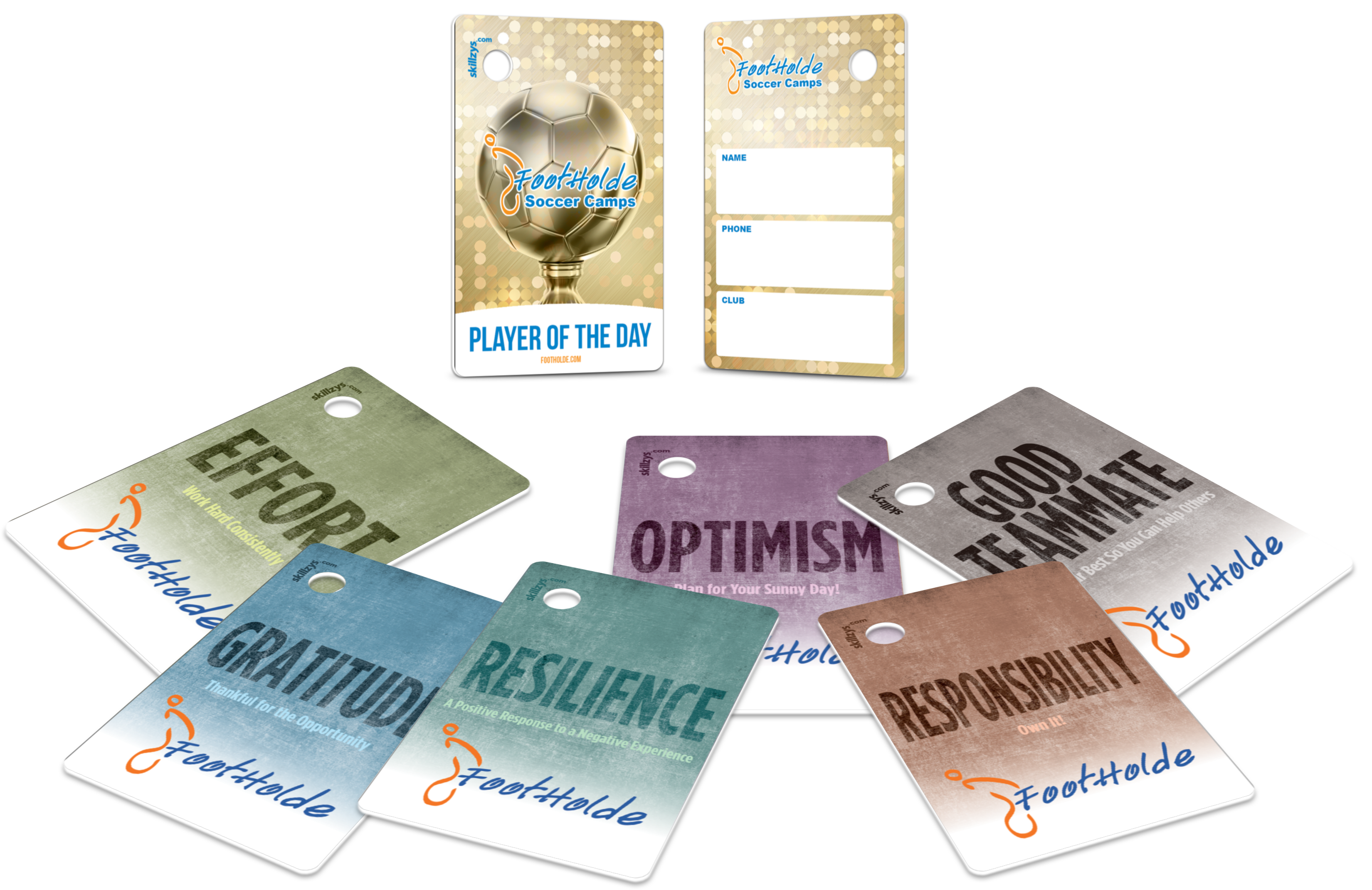 Custom Skillzys tags created for a foothold climbing project, shown in varied shapes and finishes