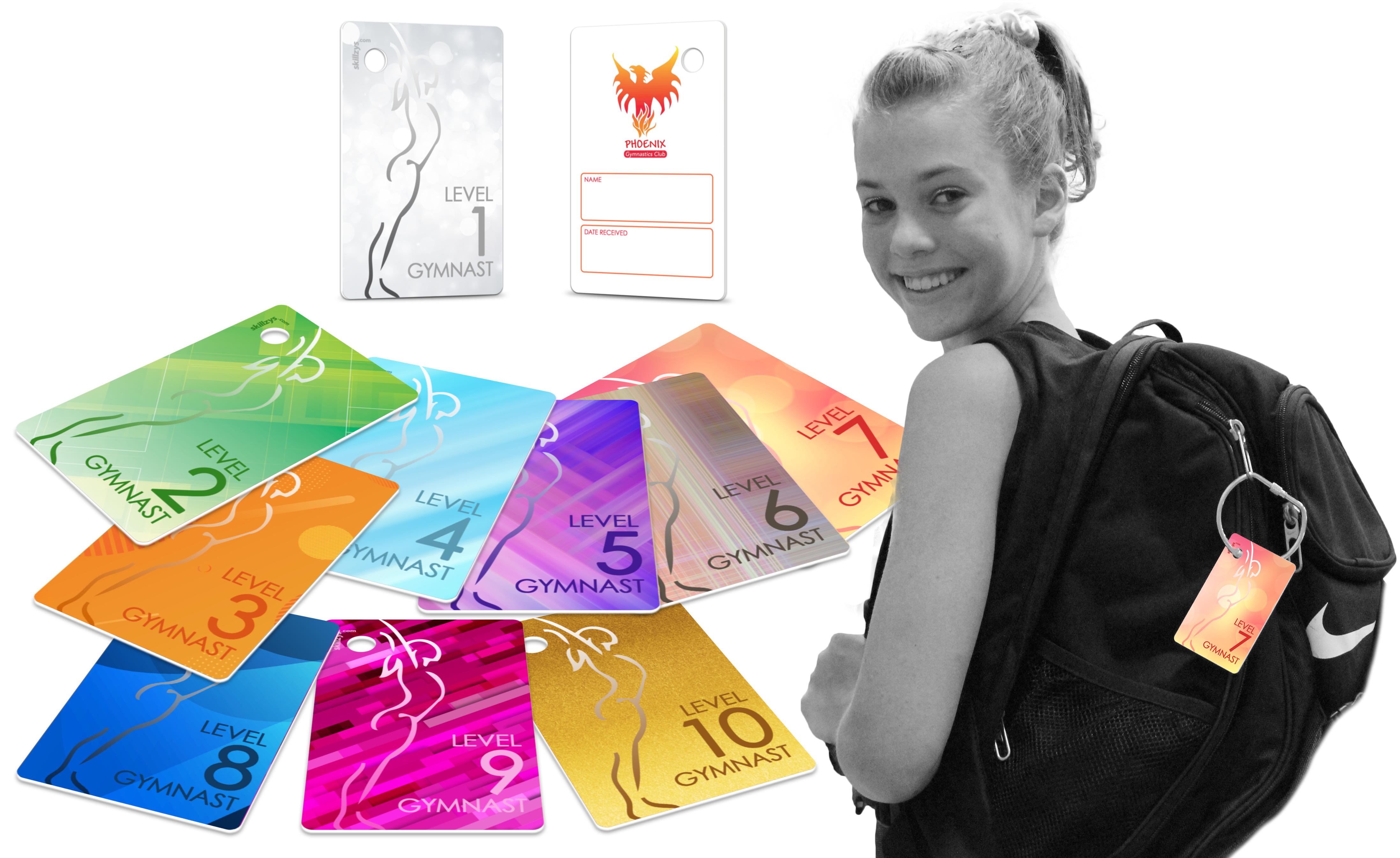 Custom Skillzys tags created for a gym project, shown in varied shapes and finishes