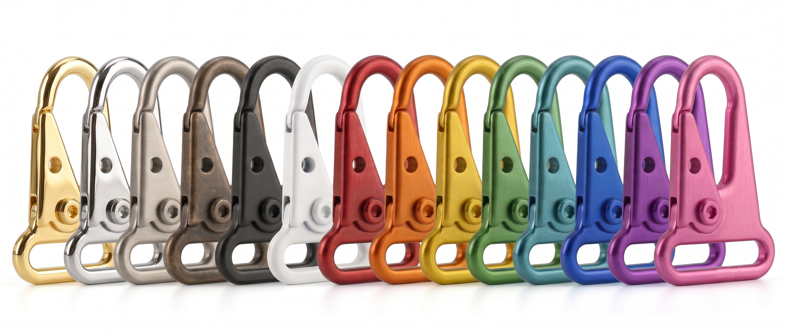 Eagle Beak closures in the Podium Finishes (gold, chrome, brushed silver, antique bronze) plus black, white, and a rainbow of anodized colors