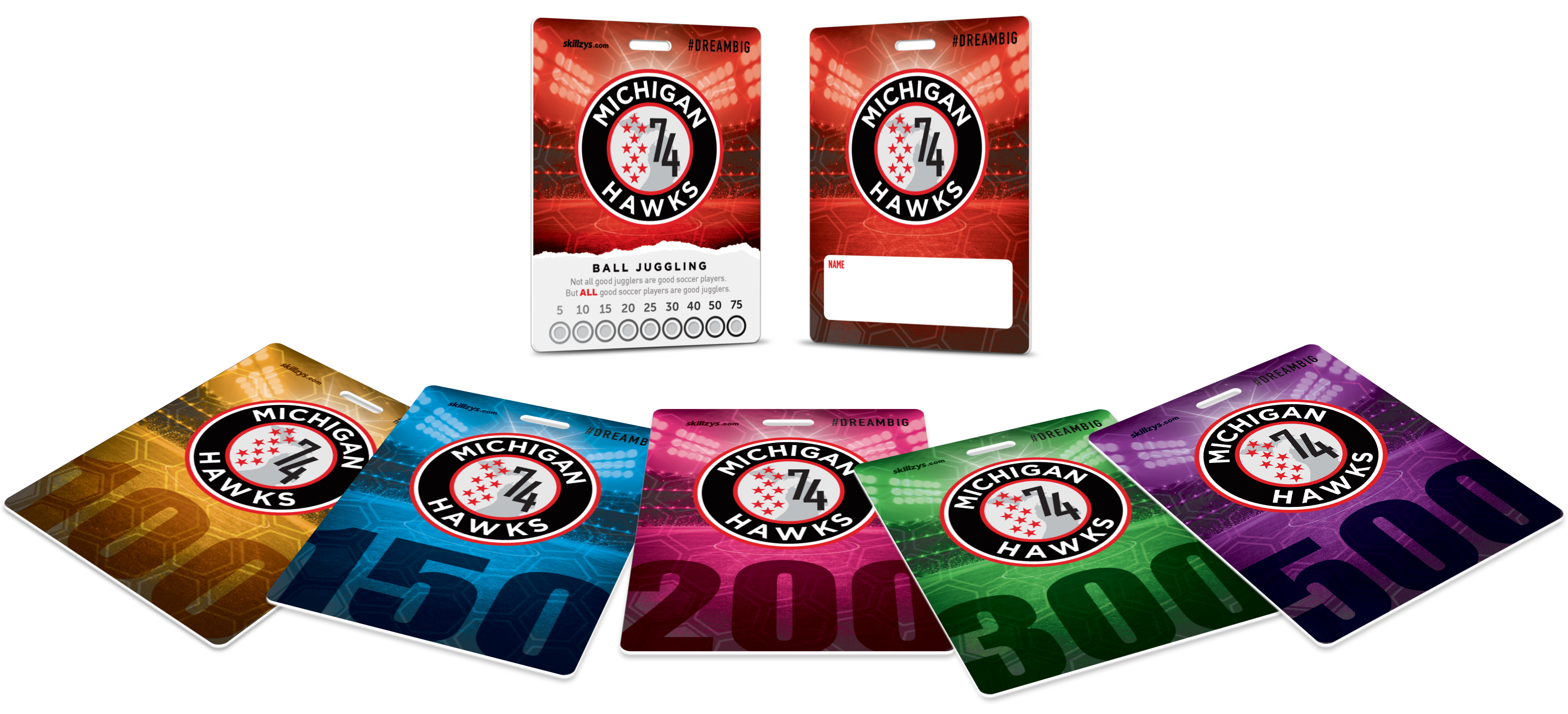 Custom Michigan Hawks Juggling Skill Tags&reg; in club colors, levels 100 through 500