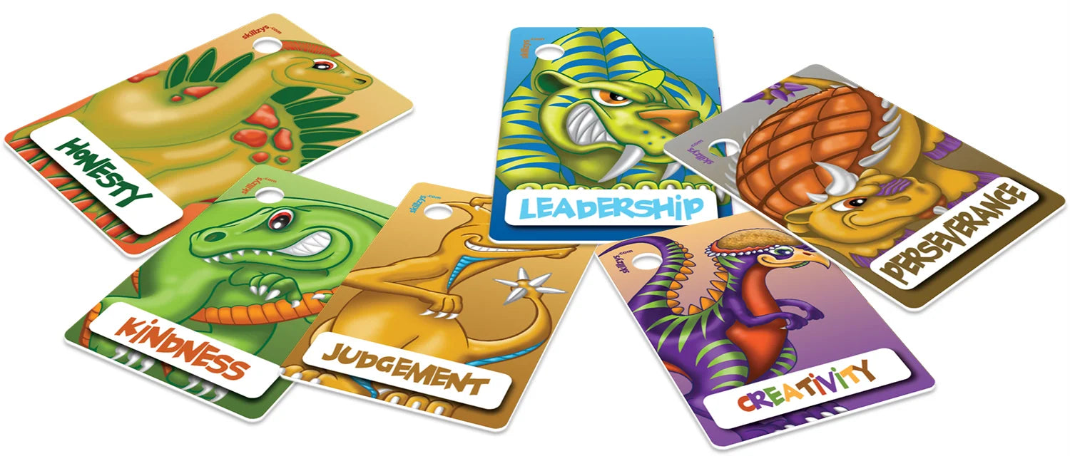 Dinosaur-themed character Skill Tags® — Honesty, Kindness, Judgement, Leadership, Creativity, and Perseverance.