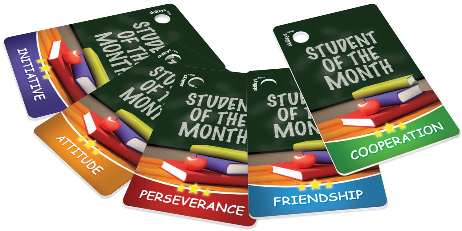 Character Skill Tags® — Student of the Month, Initiative, Attitude, Perseverance, Friendship, and Cooperation.