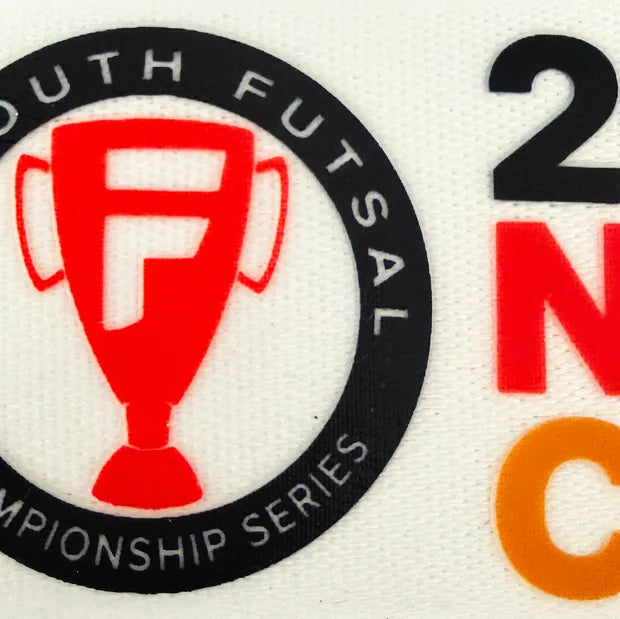 Close-up of a crisp screen-print on smooth white polyester strap