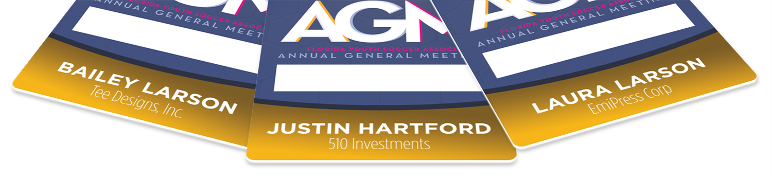 Printed event credentials personalized with each attendee name and company, two copies of each