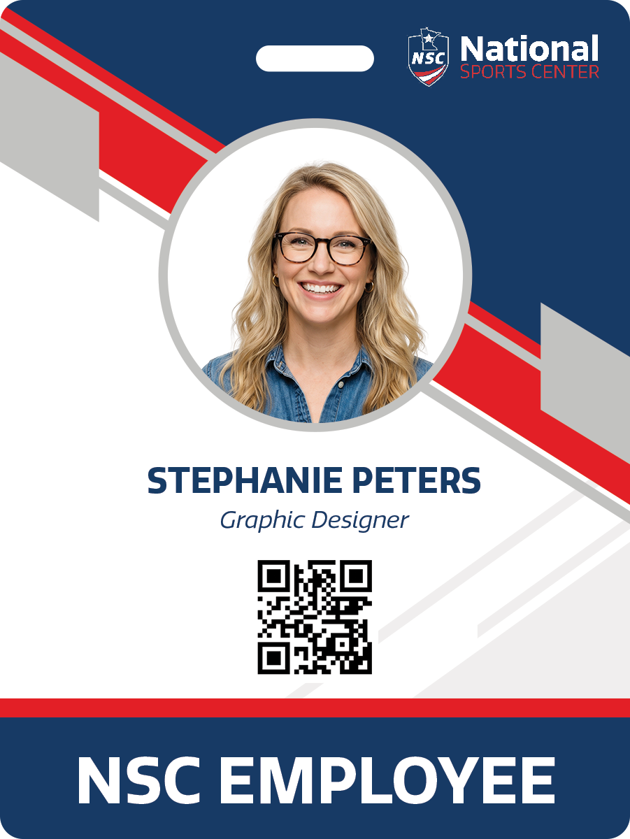 National Sports Center staff ID with headshot, name, title, and QR code