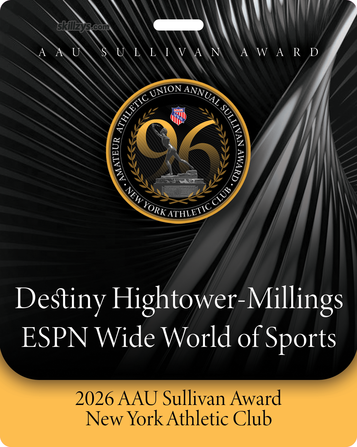 AAU Sullivan Award credential with the recipient name and event